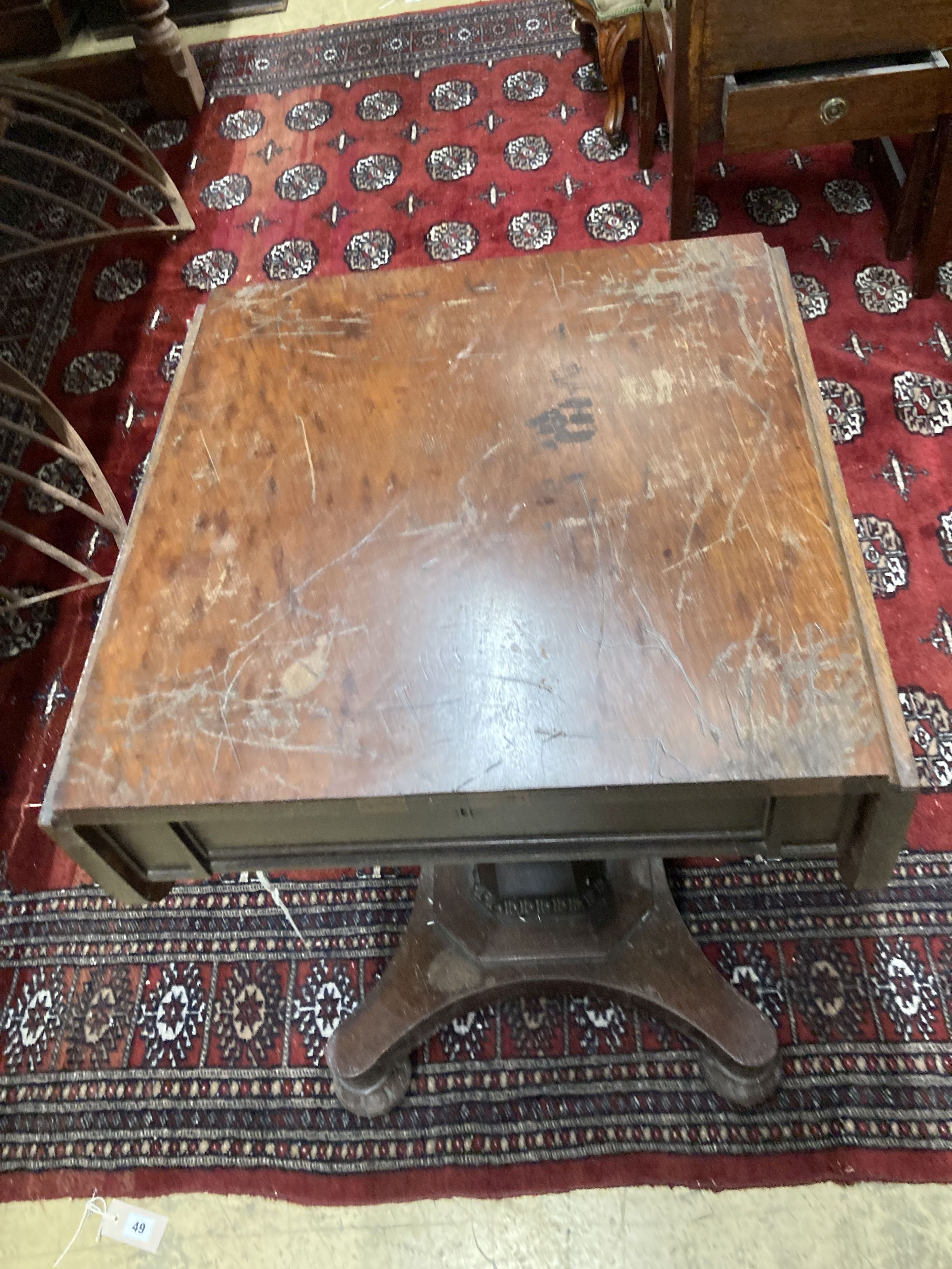 An early Victorian mahogany drop flap work table, width 49cm, depth 49cm, height 74cm